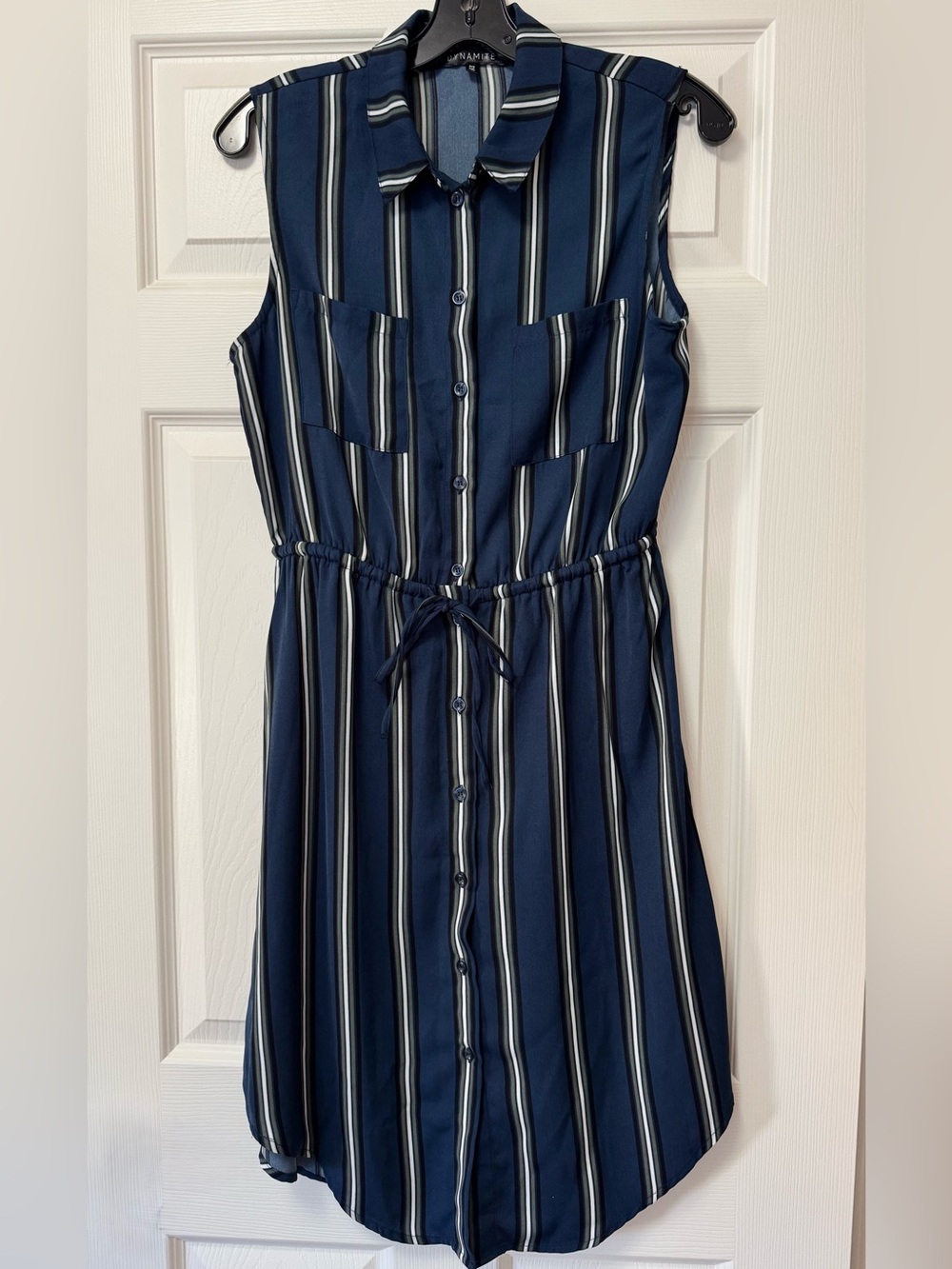 Dynamite Navy and White Striped Sleeveless Midi Shirt Dress